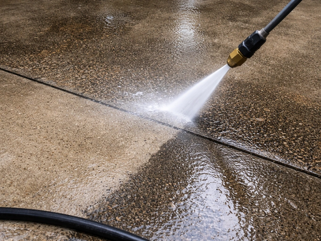 Close-up of a pressure washer blasting water off a concrete slab before paver overlay prep.