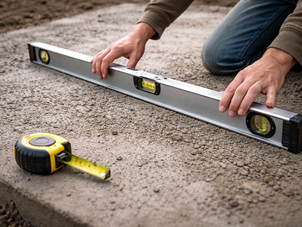 A 4-foot level rests on a concrete slab with a tape measure showing slope inspection.