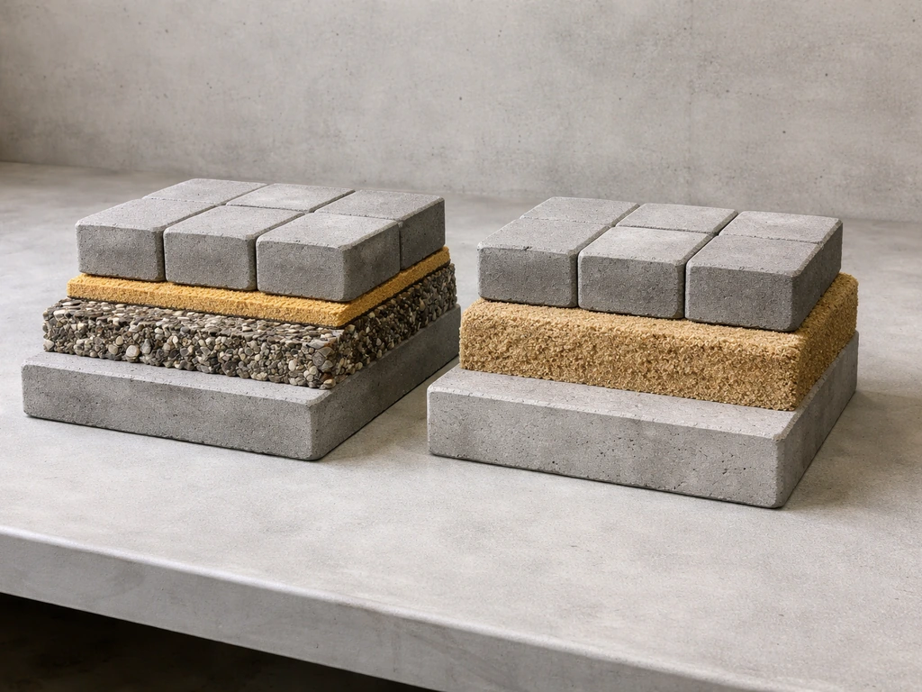 Two side-by-side paver overlay cross-sections showing direct install and sand-set over concrete layers.