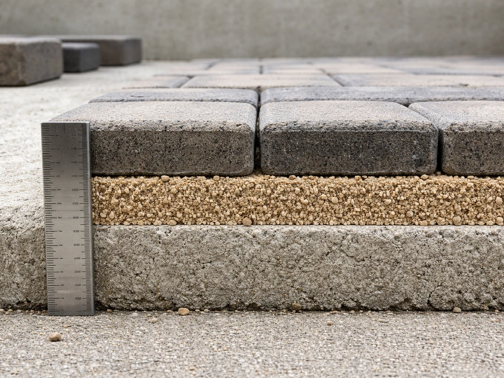 Side view of a paver sand bed over concrete with measured sand thickness indicated by a simple ruler