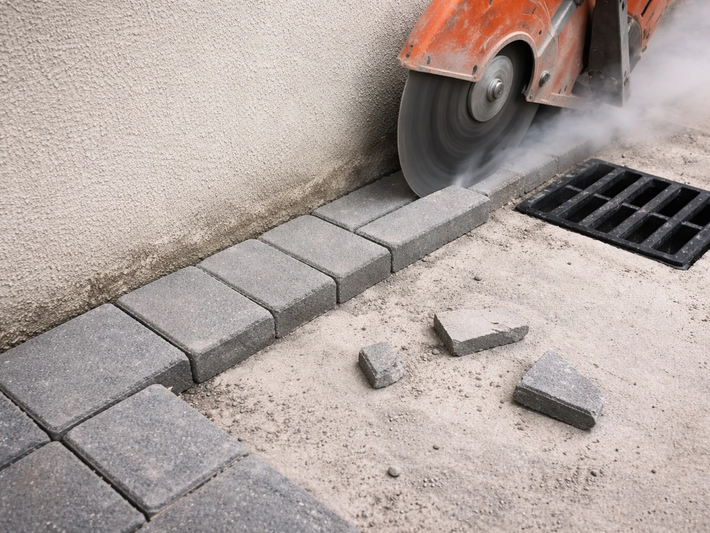 Concrete pavers being cut near a wall and drain, with fitted pieces forming a clean perimeter.