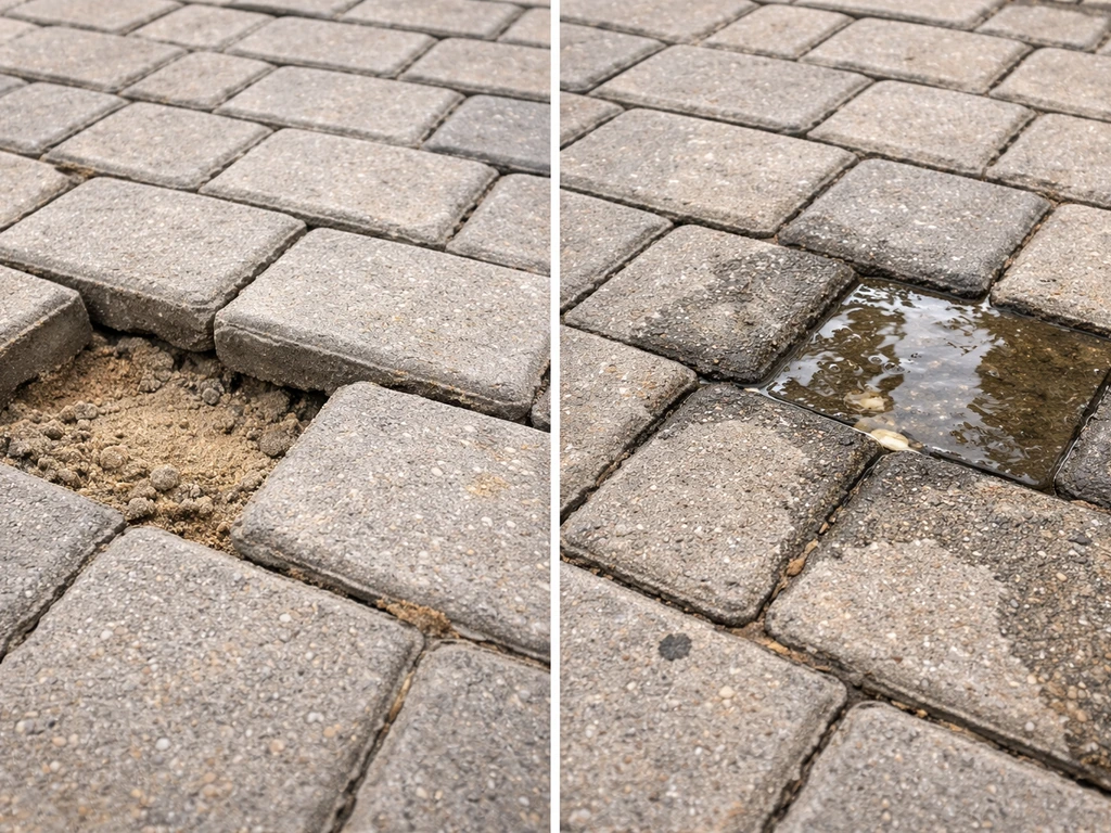 Close-up of interlocking pavers—one section rocking and another with shallow water pooling.