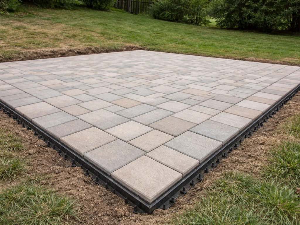 Level completed paver patio with crisp edges on uneven yard
