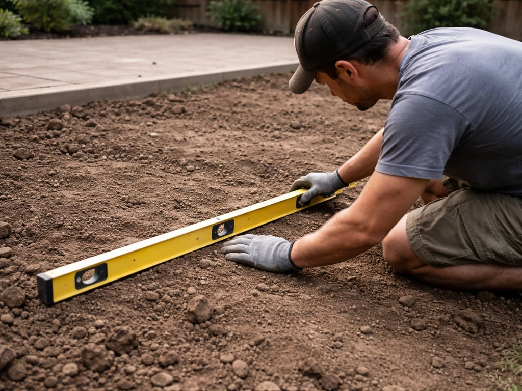 DIY homeowner kneeling on a yard, checking slope with a long level on uneven soil near a patio area.
