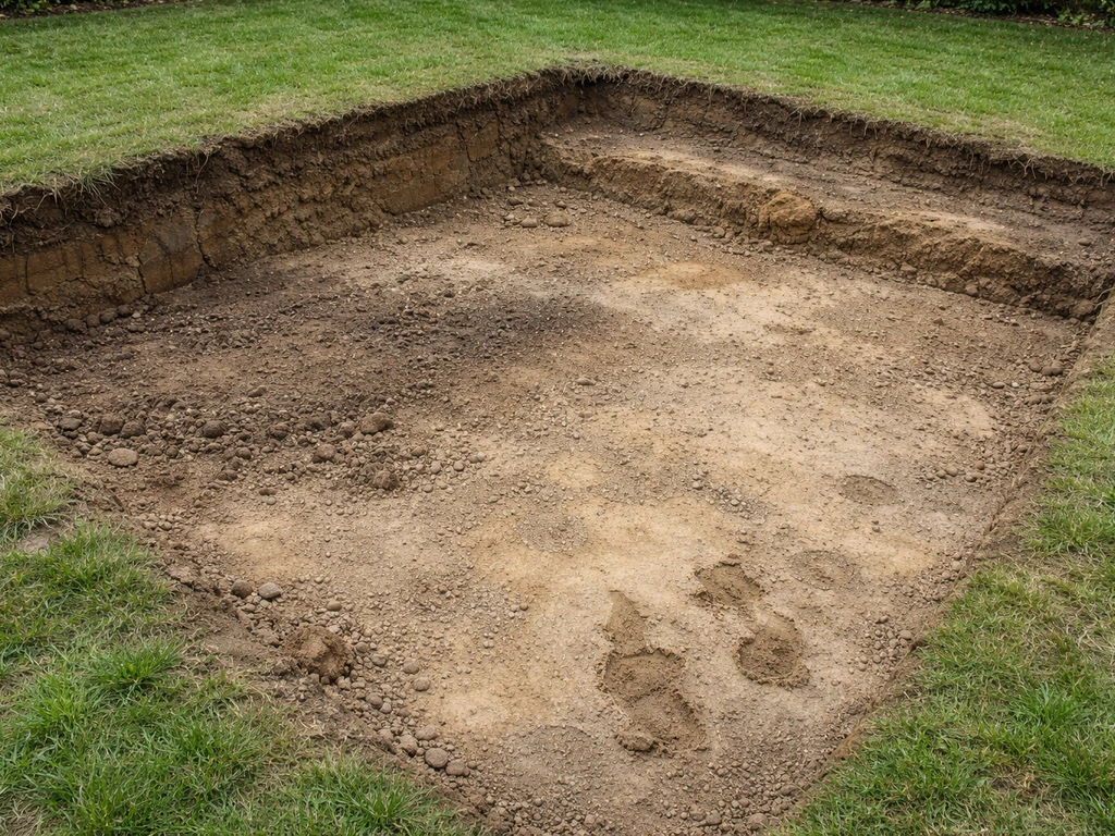 Excavated patio base on uneven ground, showing bare soil and exposed roots removed down to target depth.