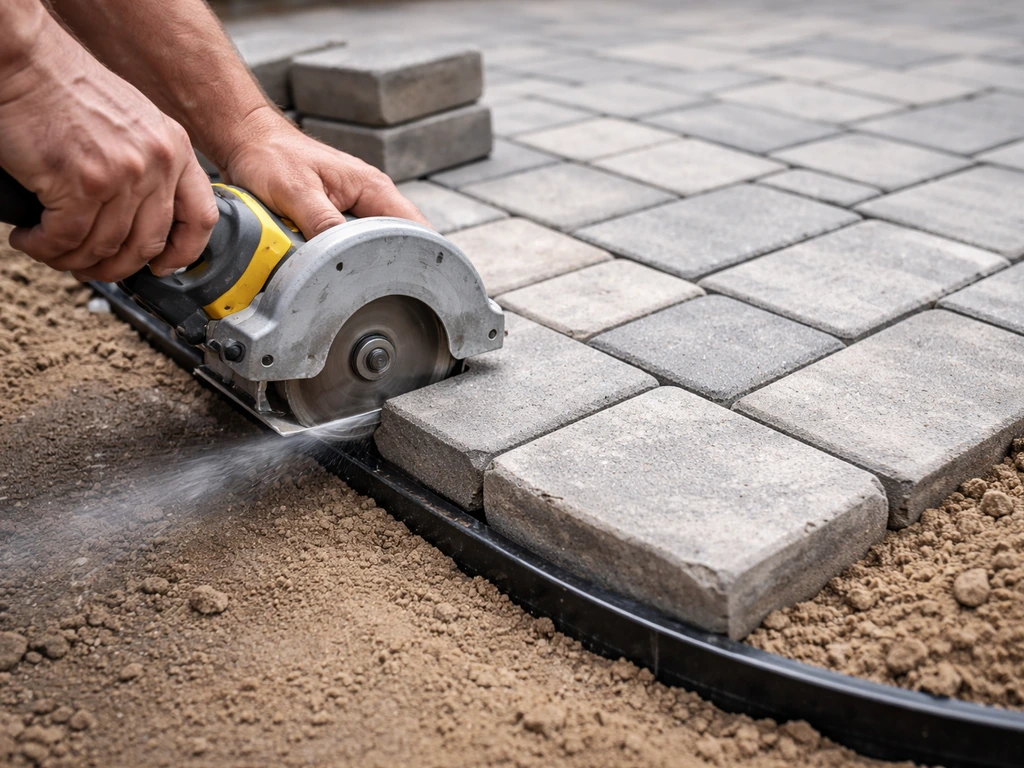 Close-up of a worker cutting concrete pavers to fit an uneven patio edge with aligned pattern border.