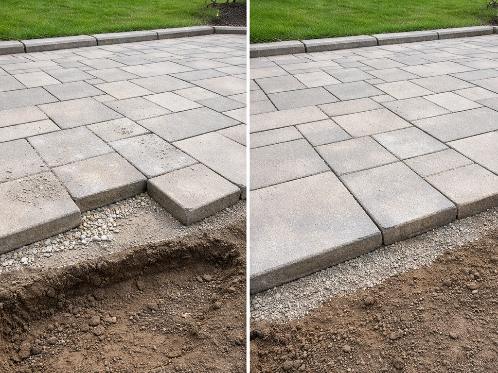 Split view of patio pavers with one sunk section and one leveled section after re-bedding