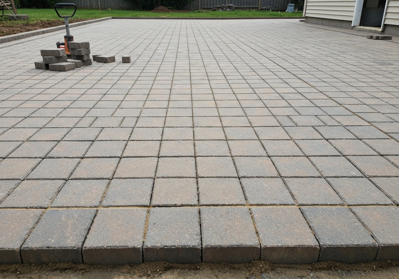 Finished DIY paver patio with clear pattern and filled joints in natural daylight.