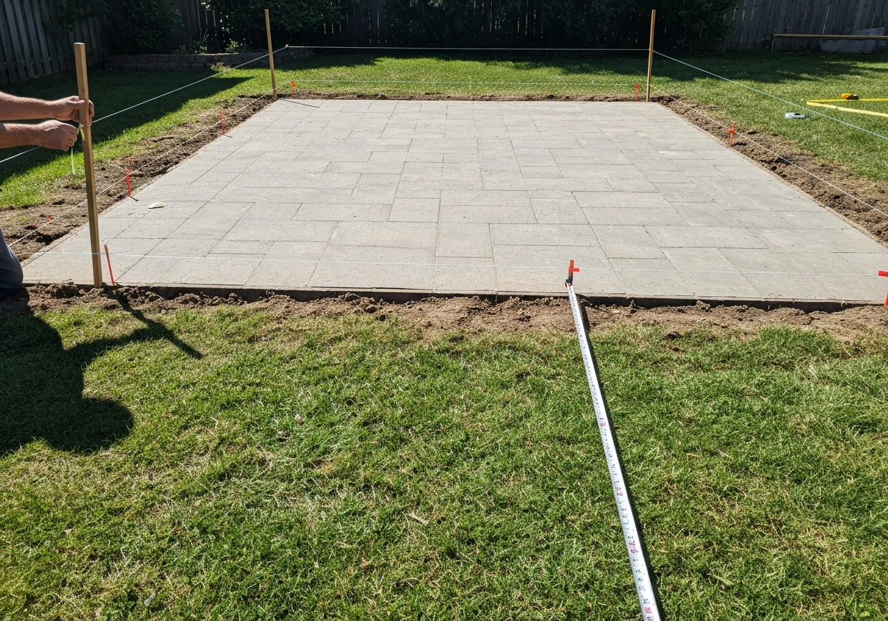 Wide patio area before digging, with measuring tape and layout string lines anchored by stakes