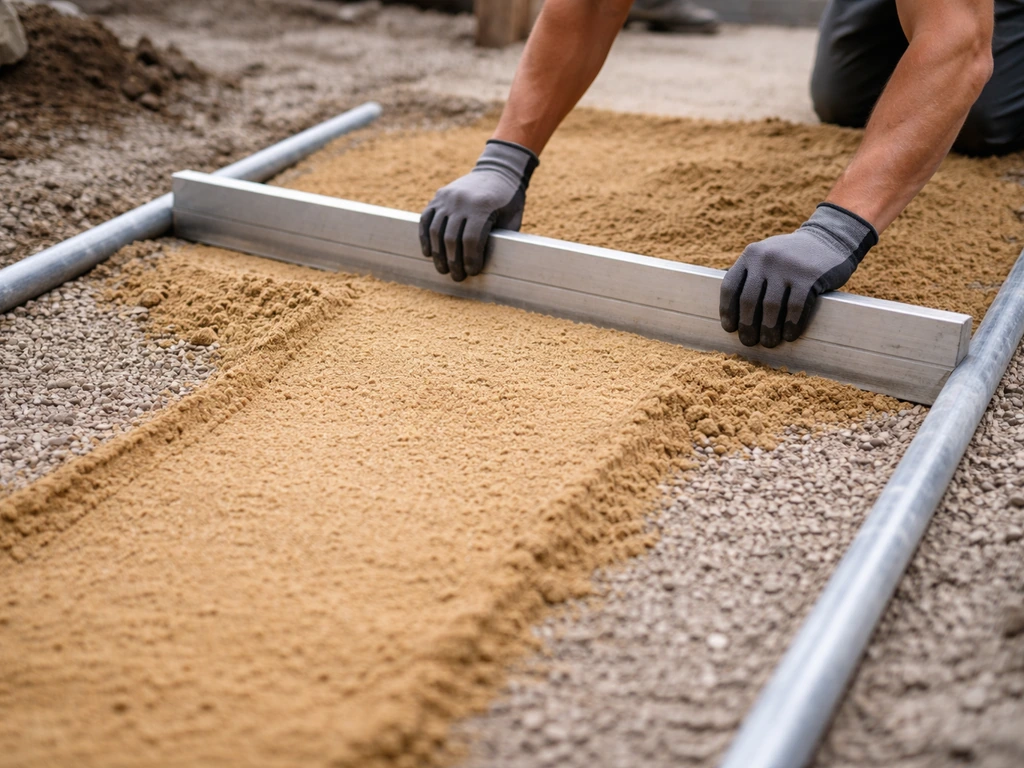 Workers pour bedding sand onto a prepared base and level it using screed guides and a straight screed