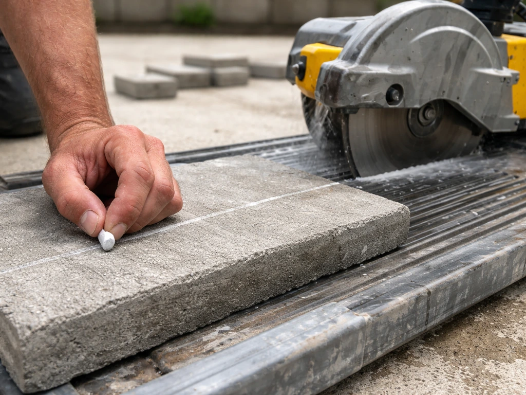 Hand marks a paver with chalk while a wet saw cuts it from a safe side angle outdoors.