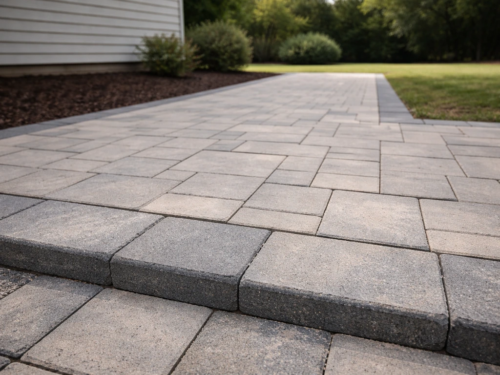 Finished patio wide view with close-up of neat paver joint lines and detailed edging, no people.
