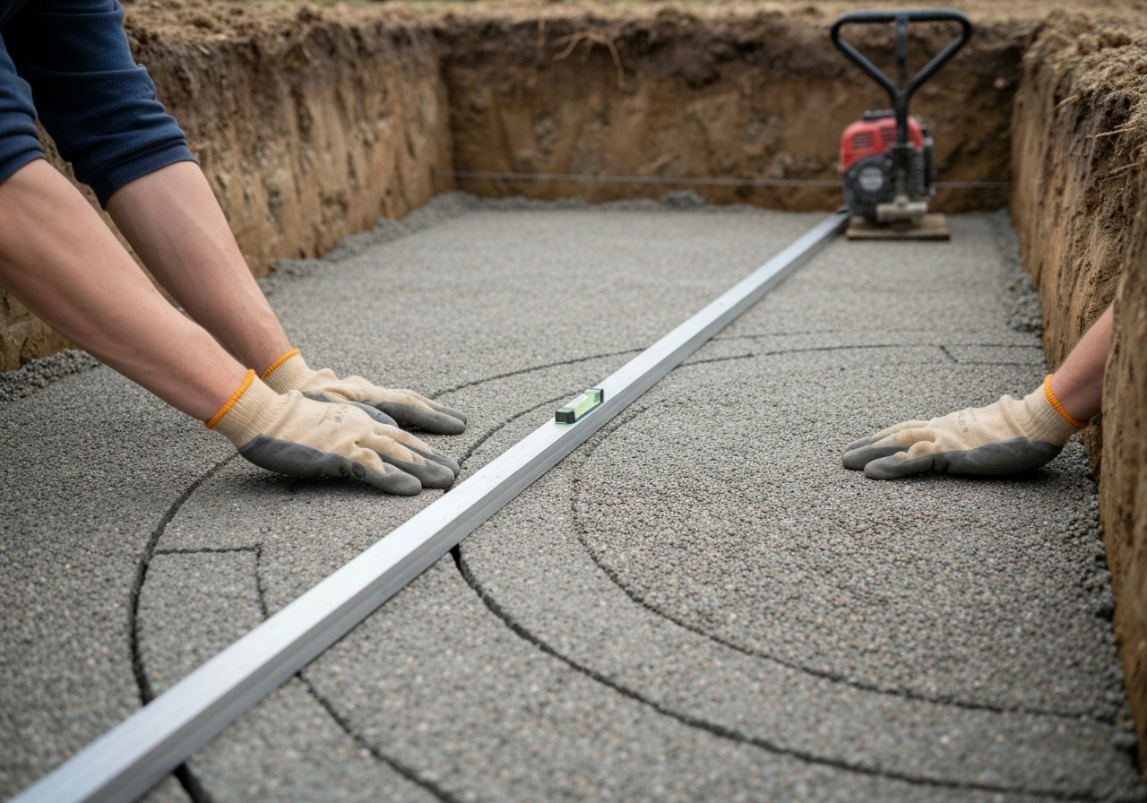 Gloved hands smoothing compacted gravel for a curved patio base, with a straightedge checking level over the arc.