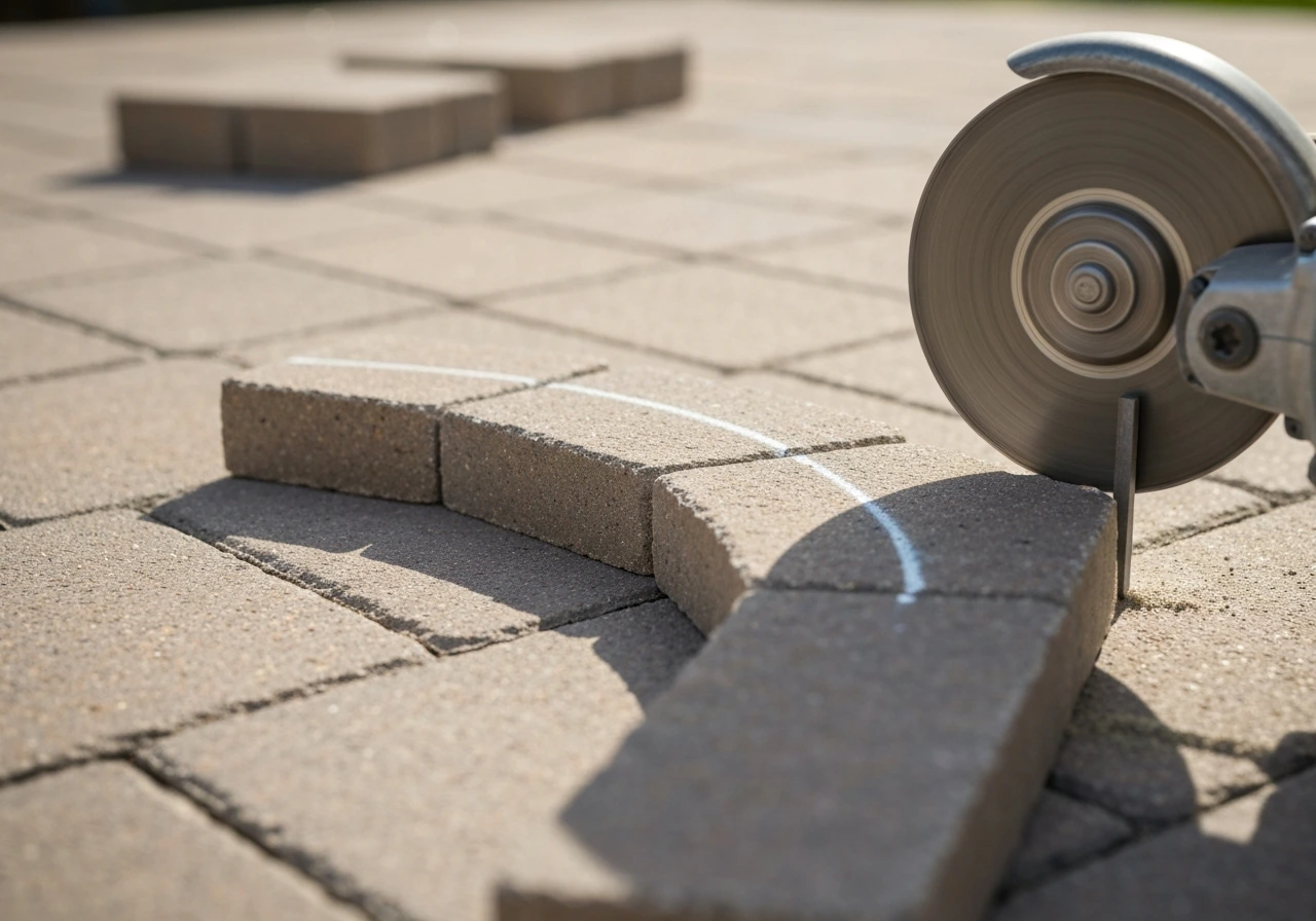Close-up of a border patio paver aligned to a curved chalk mark while being cut with a masonry tool.