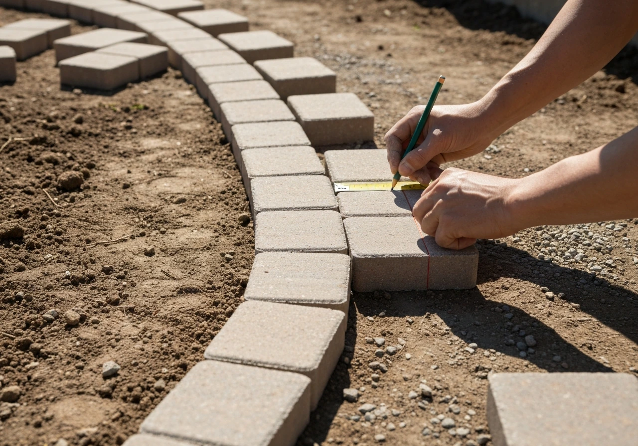 Hands measuring and marking a border paver cut while several pavers are dry-laid along a curve.