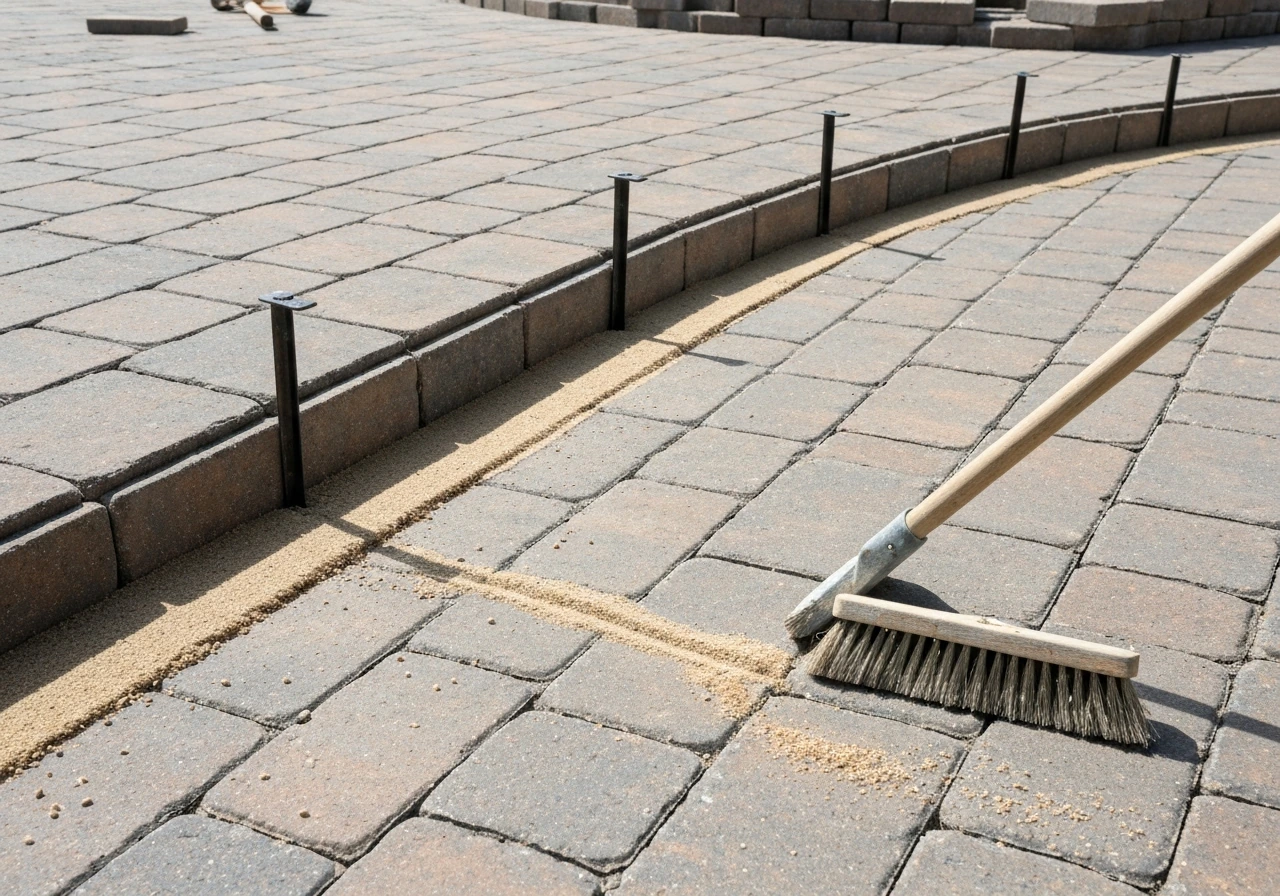Close-up of curved patio pavers with edge restraints and polymeric sand brushed into the joints.