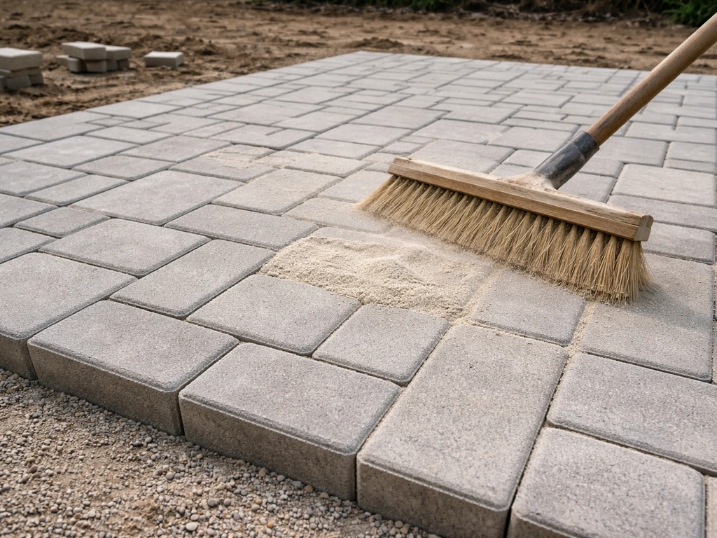 Close-up of interlocking pavers with polymeric sand brushed into the joints over gravel and bedding sand.