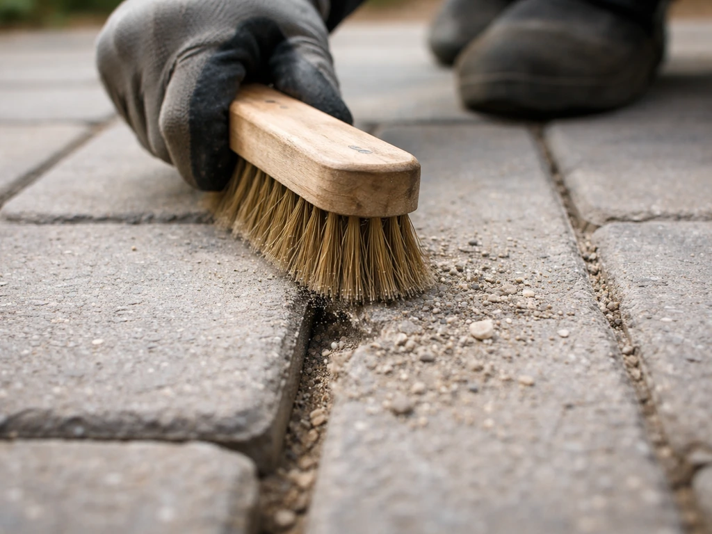 Close-up of gloved hands brushing debris out of joints between pavers