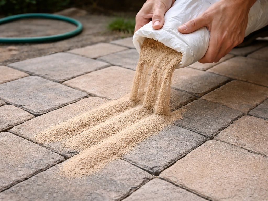 Hands pour polymeric sand in neat lines across pavers, filling the joints evenly.
