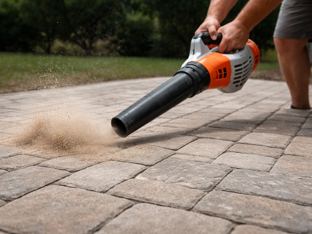 Handheld leaf blower blowing stray polymeric sand off textured paver patio stones right before wetting.