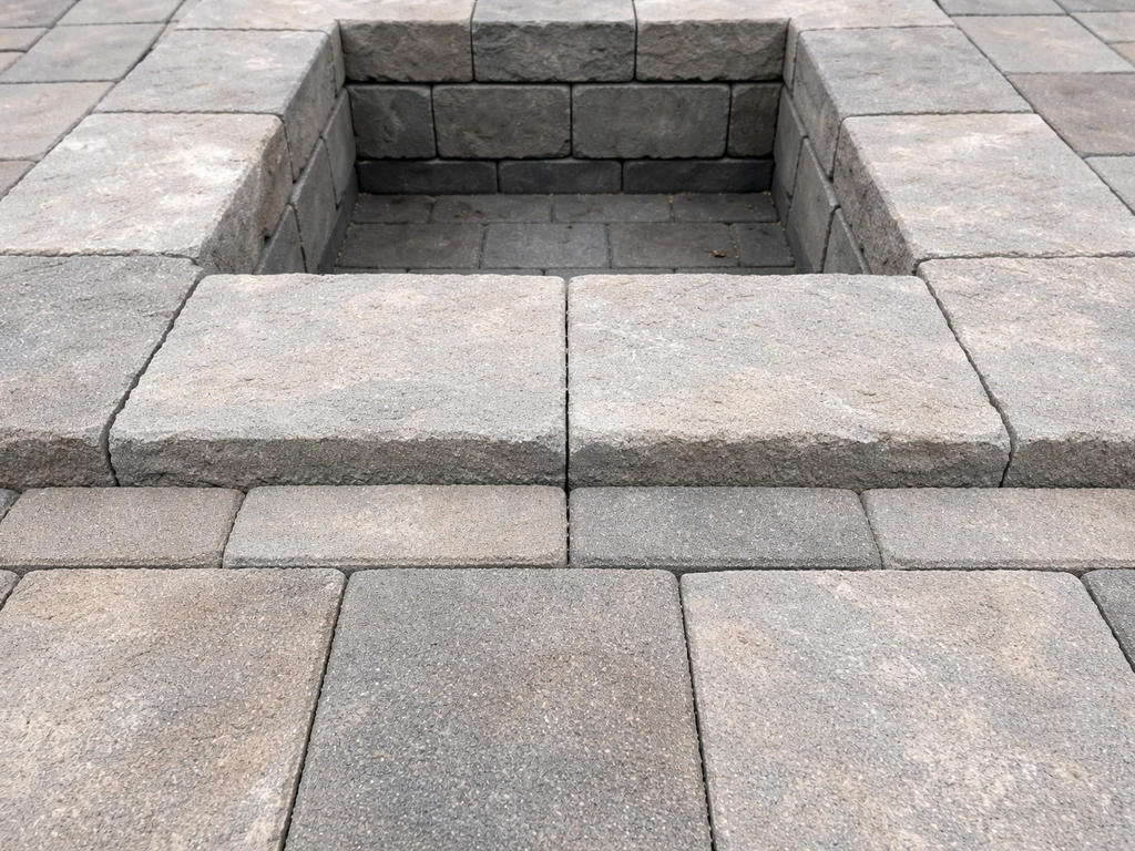 Cut pavers aligned around a square fire pit opening with a small even gap and right-angle edges.