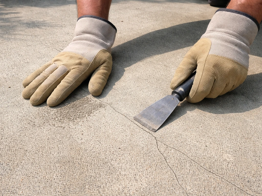 Anonymous gloved hands inspecting an existing concrete patio surface for cracks before overlaying pavers.