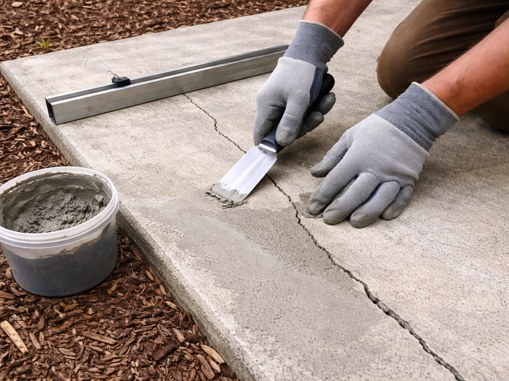Gloved hands fill a crack in a concrete patio and smooth it for evenness before paver installation.