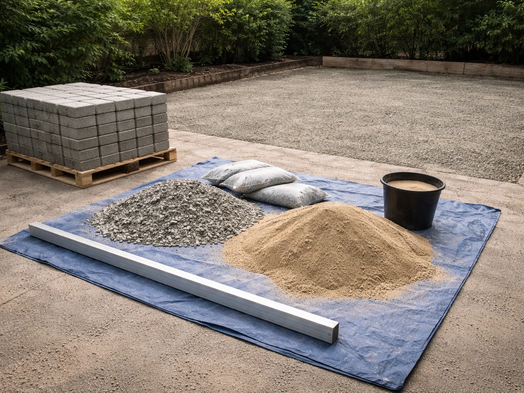 Stack of interlocking concrete pavers and bedding base materials staged for a concrete overlay installation.
