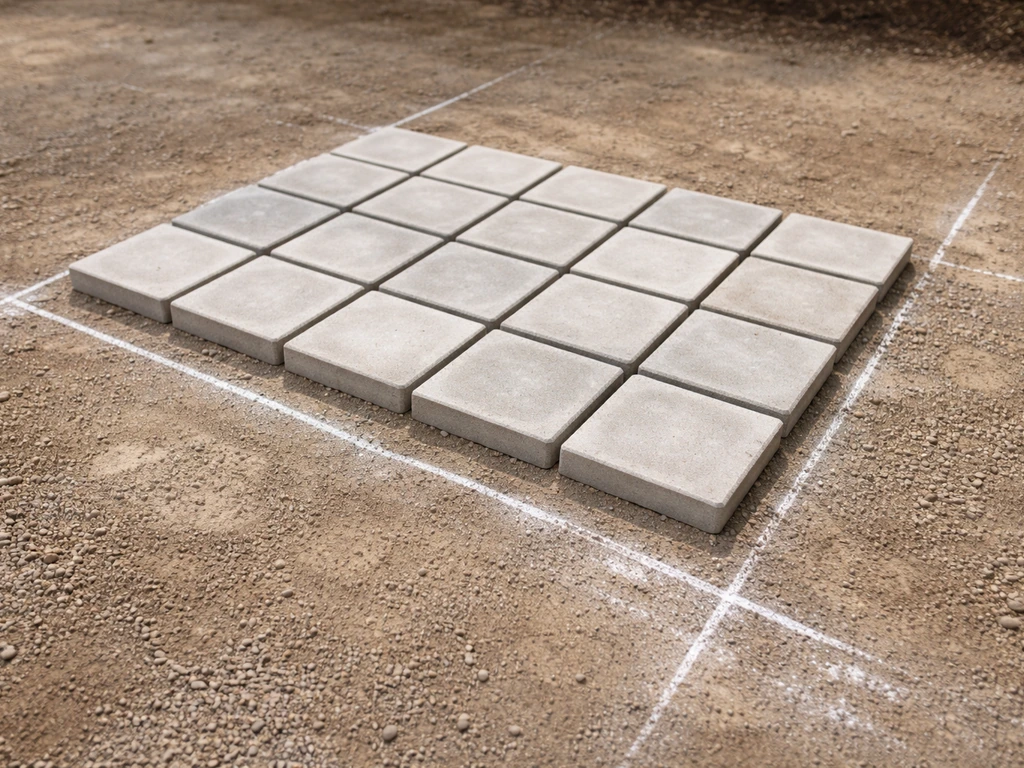 Pavers laid out along chalk guide lines on the ground, with sand not yet spread.
