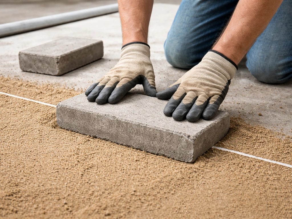 Hands press a concrete paver into bedding sand along a chalk reference line on a slab.