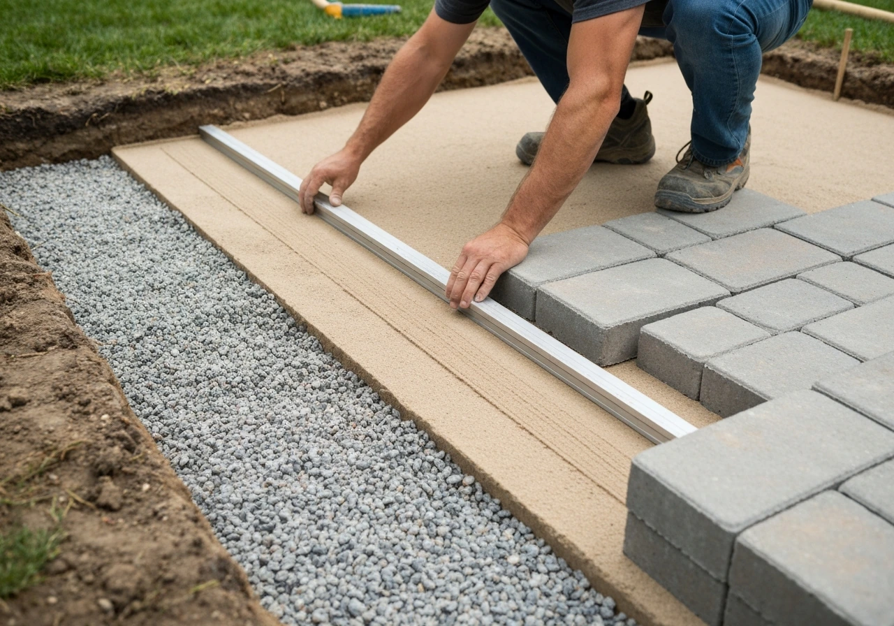 Worker leveling bedding sand in an excavated patio area with compacted gravel base and staged pavers nearby.