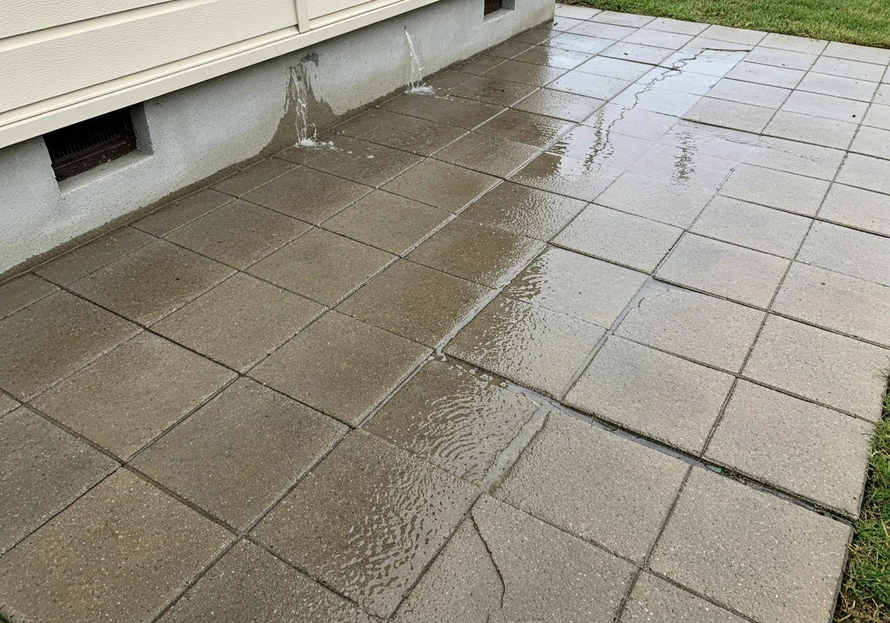 After-rain patio with shallow puddles showing runoff direction away from the house.