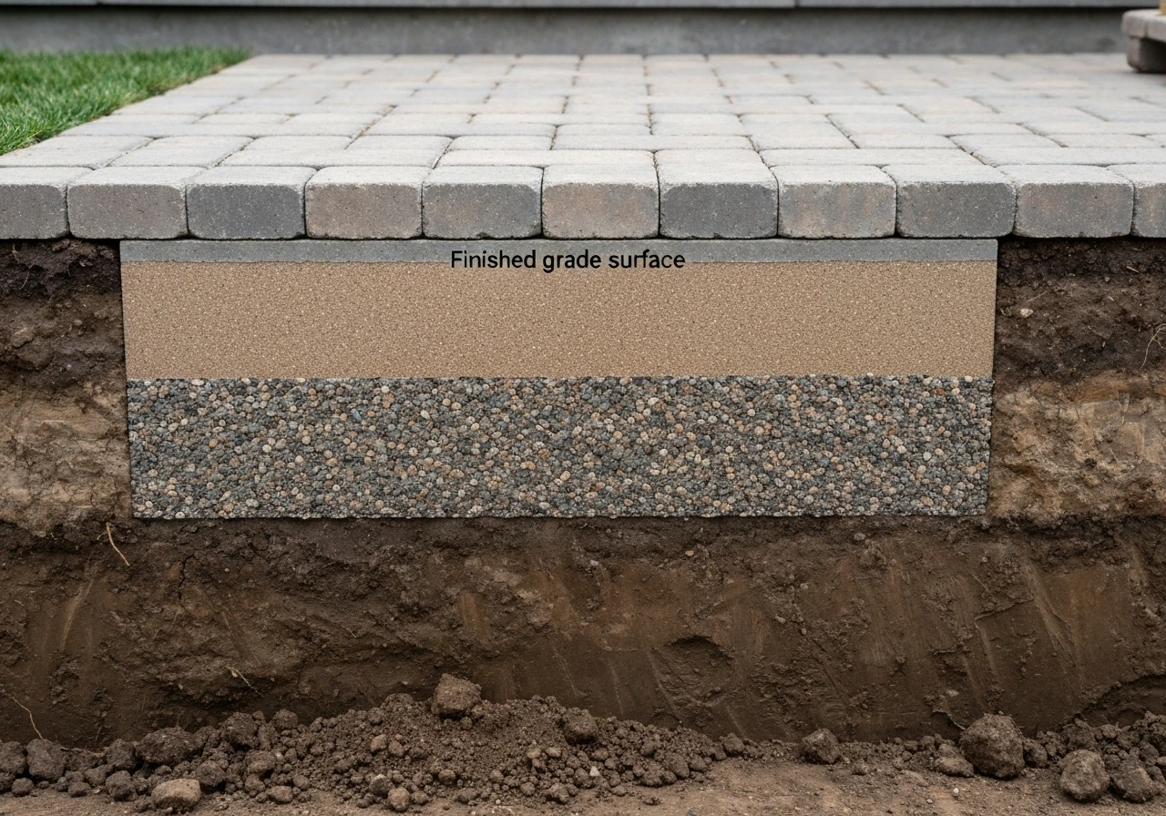 Minimal cutaway view of layered patio base and excavation depth from subsoil to paver surface