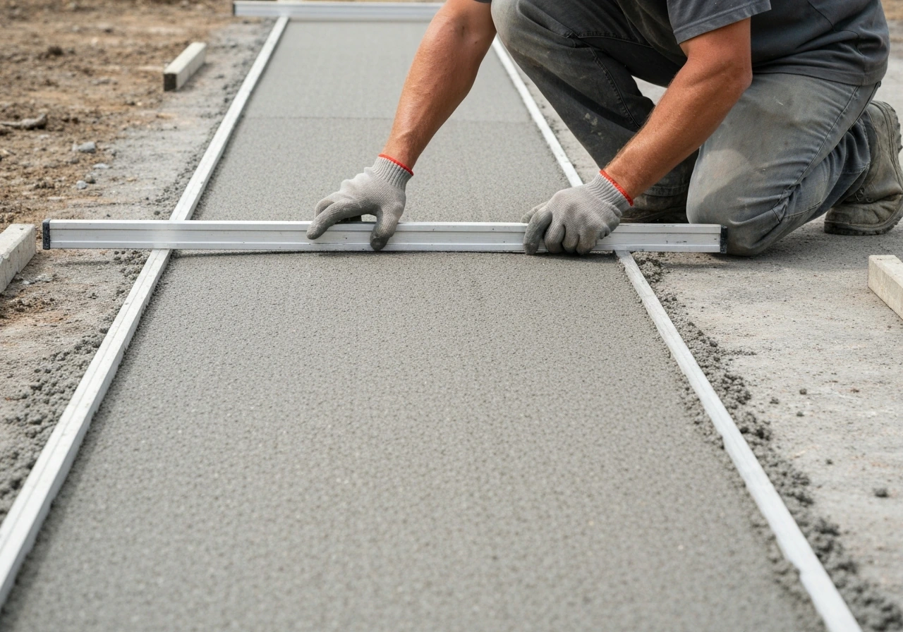 Worker pulling a straight screed board to level a smooth, correctly sloped 1-inch bedding bed for pavers