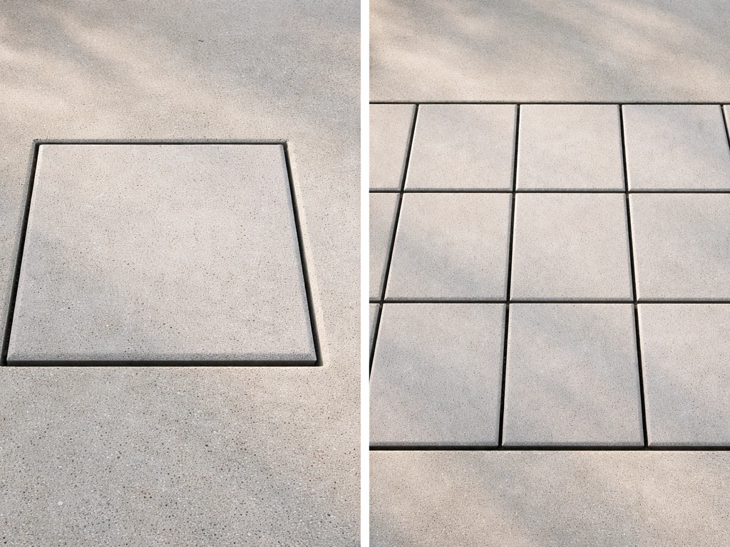 Overhead view of square pavers with thin joint gaps and a small 1-square-foot tile coverage area.