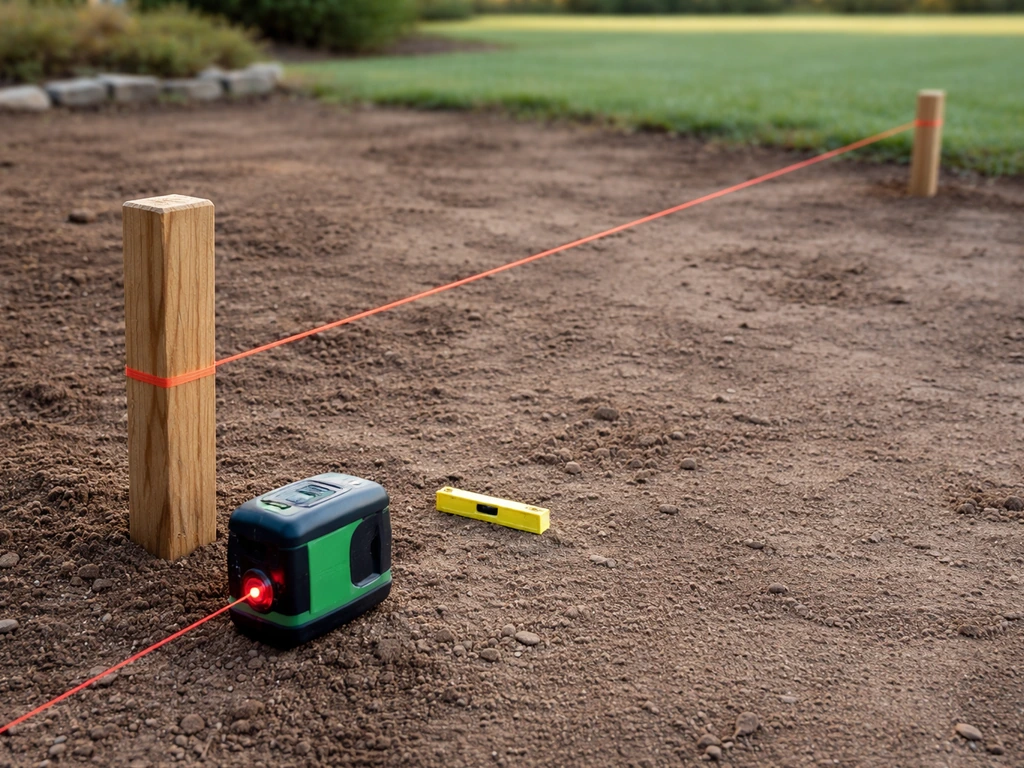 Two stakes in bare ground with string and a laser level showing patio drainage slope direction.