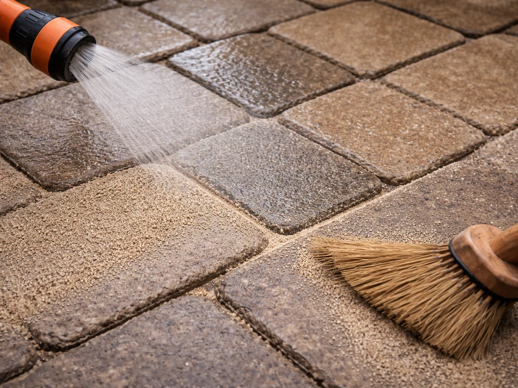 Close-up patio paver joints being misted with water to activate polymeric sand, with a broom clearing excess.