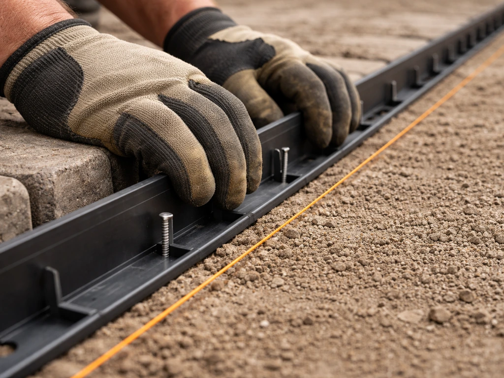 Worker snapping a plastic edge restraint tight against a string line anchored into compacted paver base