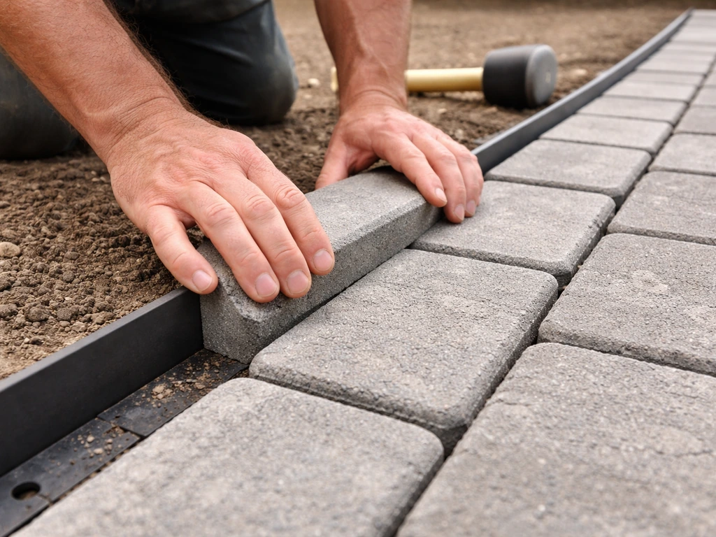 Hands place the first row of pavers tight against metal edging, aligned with even spacing toward a corner