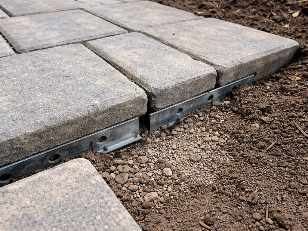 Close-up of an opened gap between pavers and a shifted metal edge restraint revealing the base beneath.