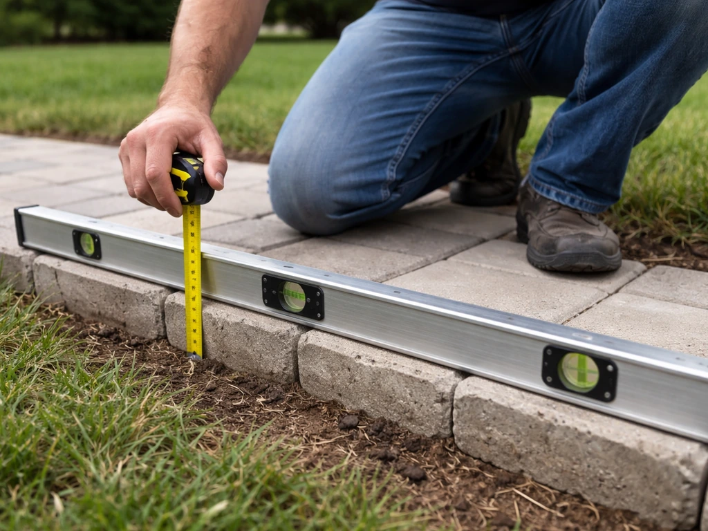 Hands measuring patio edge height with a tape measure and 4-foot level, natural outdoor light.
