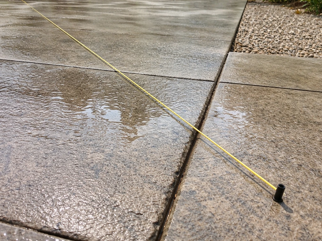 Close-up of a patio tie-in seam showing slight slope direction with a measuring string near the transition.