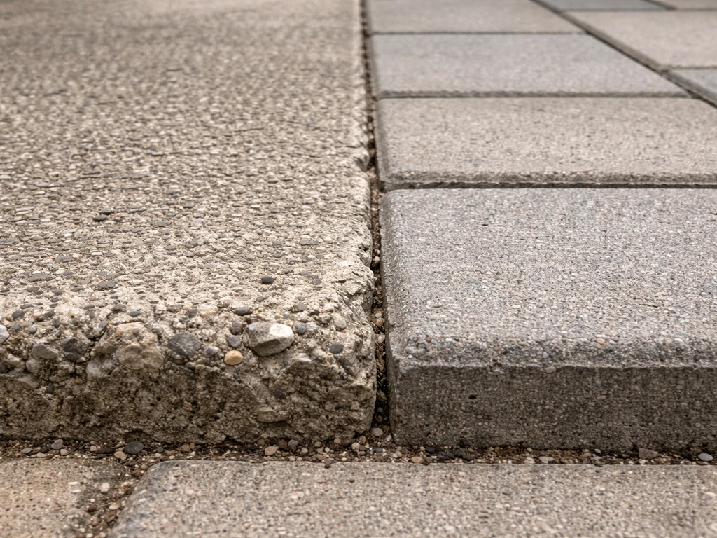 Close-up of a concrete-slab and paver seam with chipped concrete edge and aligned paver joints.