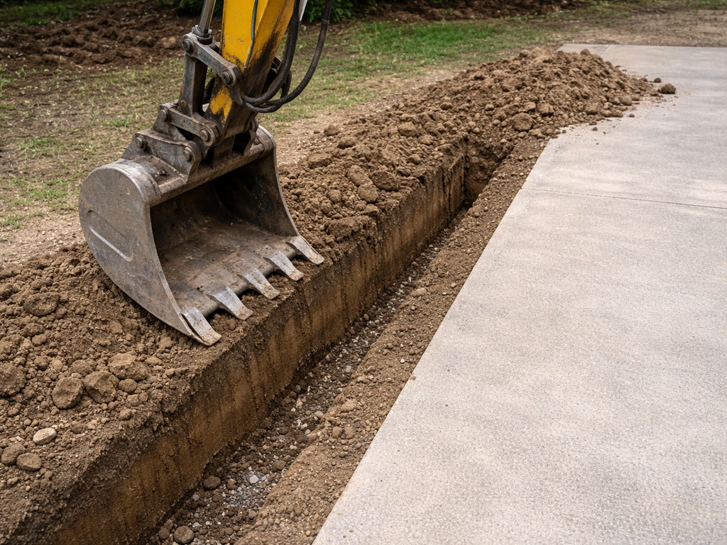 Excavator digging a controlled trench beside an existing concrete patio edge.