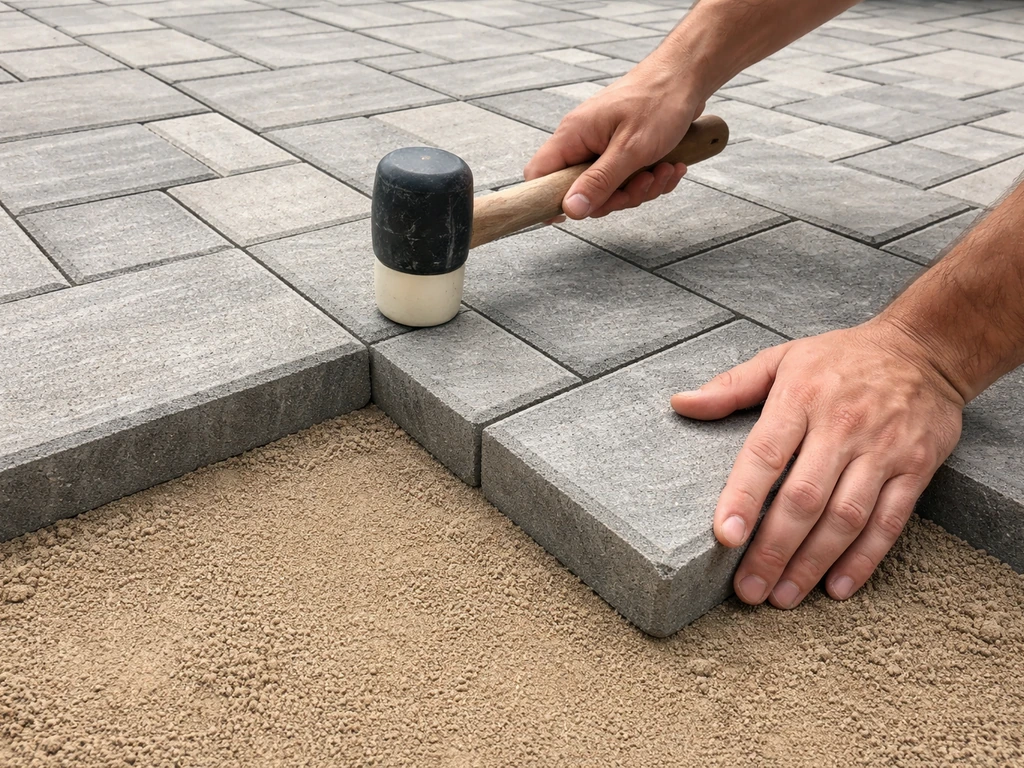 Worker tapping patio pavers with a rubber mallet, tightly aligned along the existing edge.