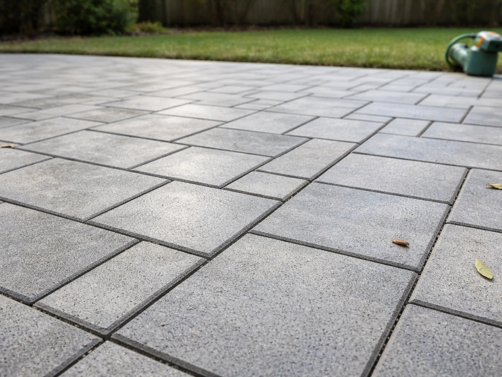 Sealed patio pavers with tightly packed joints and subtle sheen, clean weed-stopping coverage.