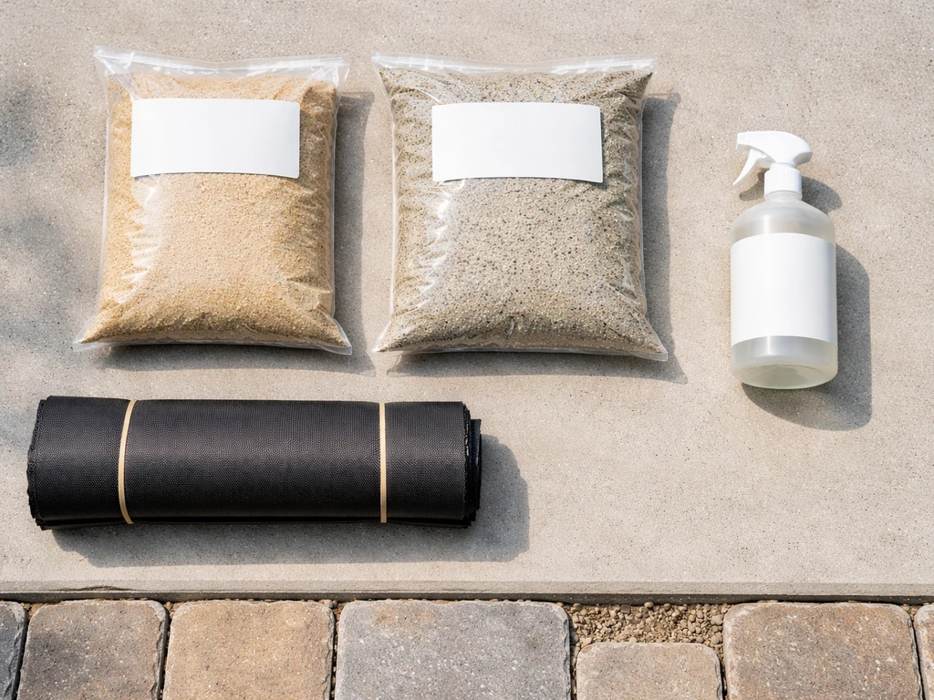Overhead view of joint sand, polymeric sand, weed barrier fabric, and a paver sealer bottle laid out for comparison
