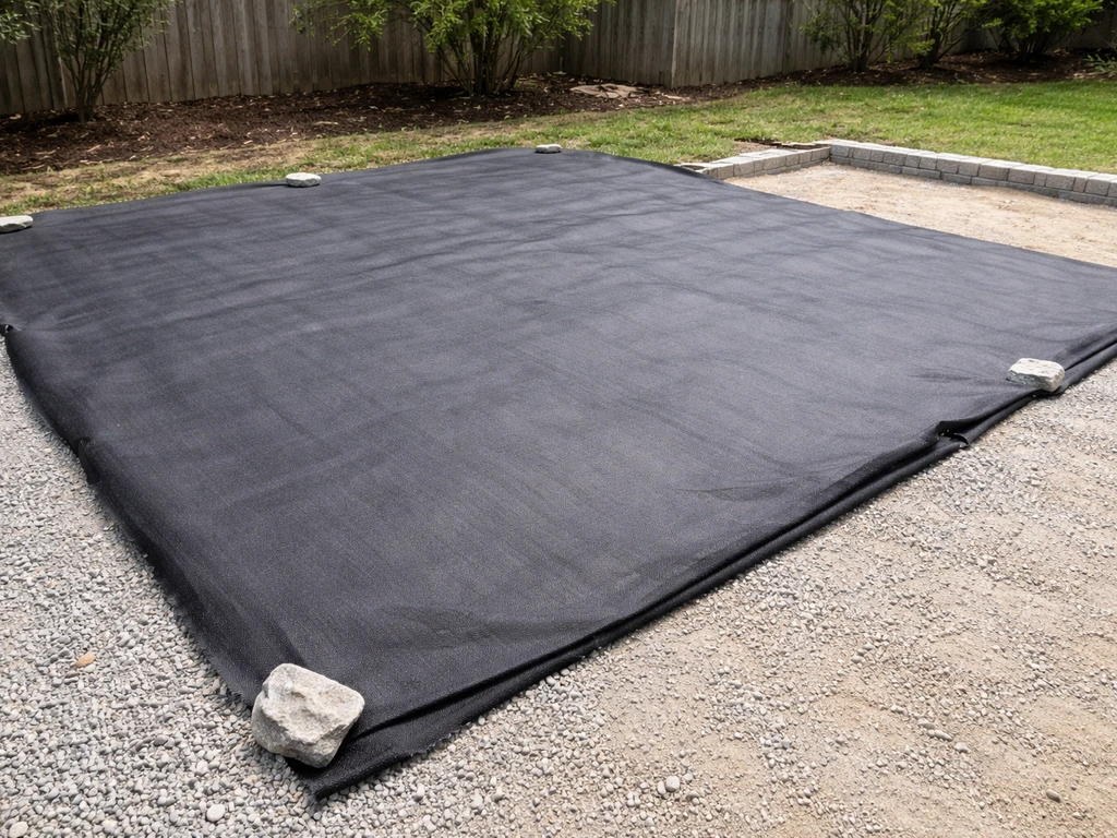 Weed barrier fabric laid over compacted base before pavers in a patio installation.