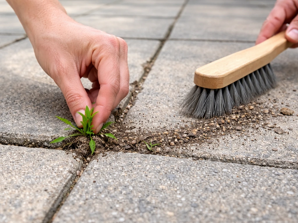 Hands hand-pulling a weed between patio pavers while brushing debris from the joints.