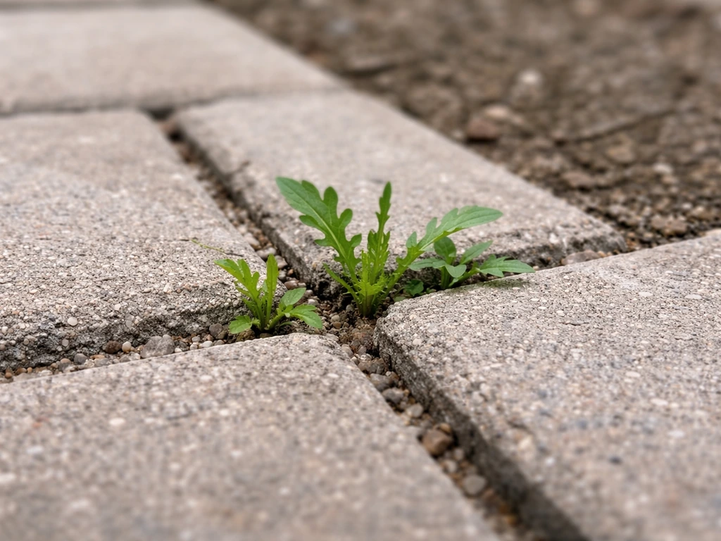 Close-up of weeds growing from paver joints with disturbed, partially missing joint sand after sealing.